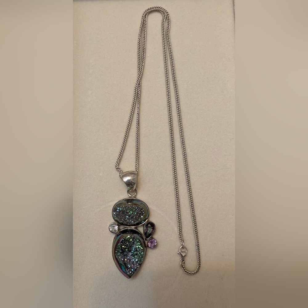 Vintage Sterling Silver Multi-Gem Druzy Pendant Necklace & Bracelet